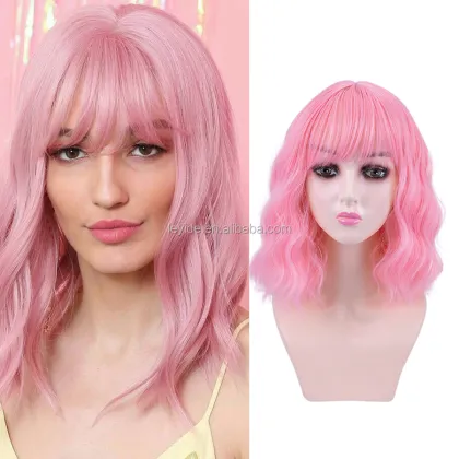 AliLeader Pink 14'' Short Curly Women Girl's Charming Synthetic Wig with Air Bangs