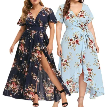 Bohemian Plus Size Floral Maxi Dress with Empire Waist and Asymmetrical Hem