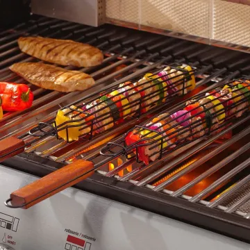 Customize logo vegetable grill basket Portable wood handle Non Stick Kabob Grilling Basket for Outdoor Grill