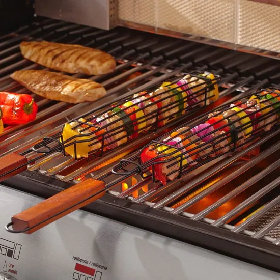 Customize logo vegetable grill basket Portable wood handle Non Stick Kabob Grilling Basket for Outdoor Grill