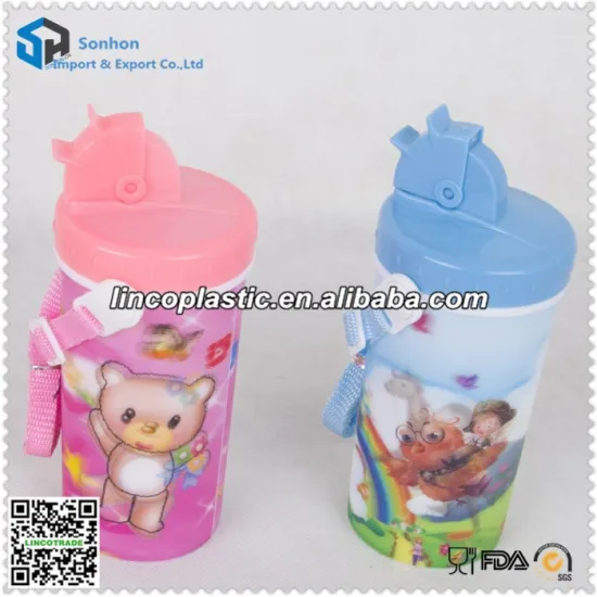 450ml 3D lenticular cartoon plastic water cup children bottle with straw