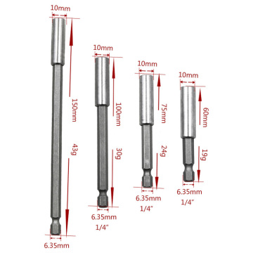 Chrome-Vanadium Steel Material Hex Bit Holders in Various Sizes: 1/4", "60/75/100/150mm Extensional Drivers for Increased Reach and Precision", "High-Quality Hex Bit Holders Made of Chrome-Vanadium Steel for Durable Use", "Complete Set of Hex Bit Holders 