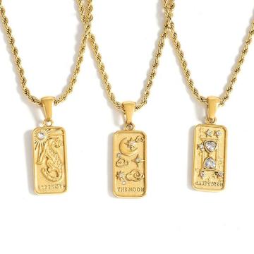Loket zirkon persegi keluli tahan karat dengan rantai tali berpintal 18k emas dan jantung terukir, matahari, bintang, harimau, tarot reka bentuk kalung