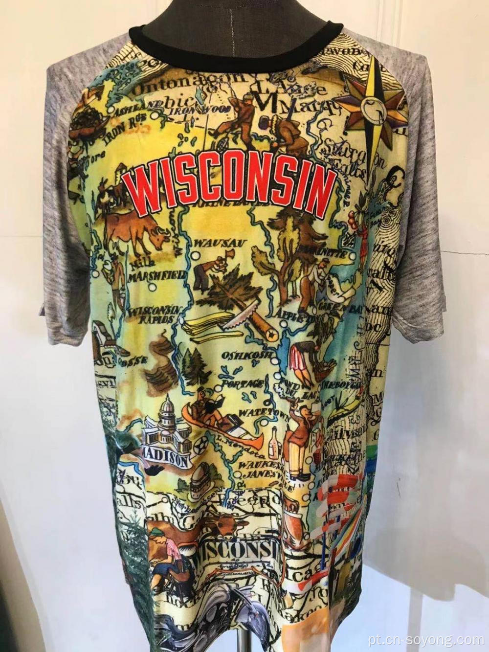 Wisconsin Map Impresso Camisetas masculinas de manga curta