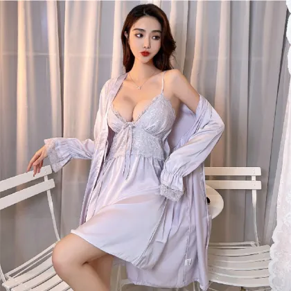 Womens Satin Nightgown with Solid Lace Silk Like