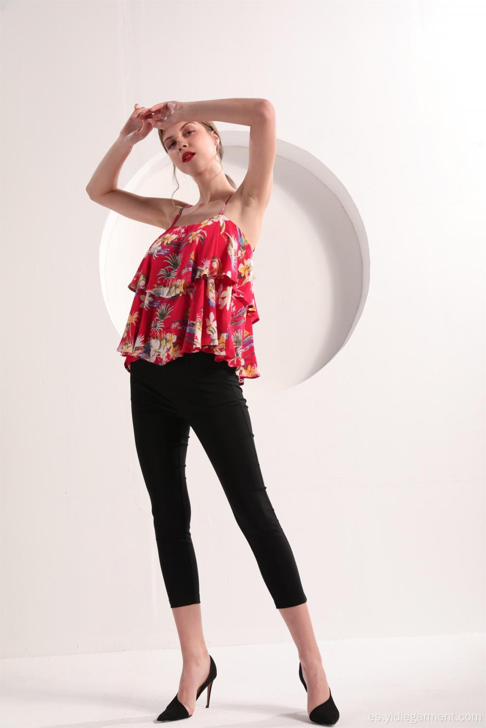 Top de camuflaje floral rojo para mujer