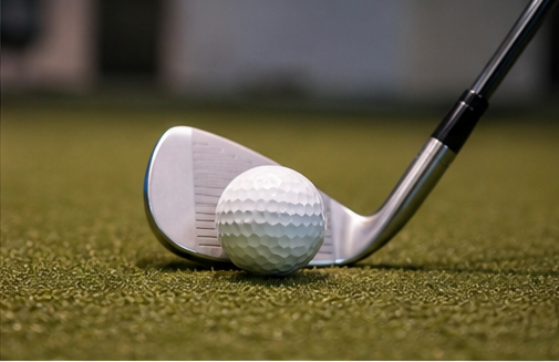 Close-up of a golf club approaching a ball on synthetic turf