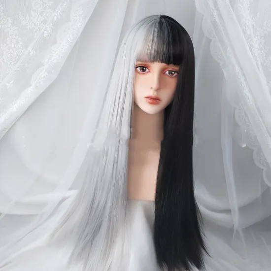 Fashion wig High heat fiber 26 inch long straight cheap natural Hair half color wig with bangs for women Synthetic hair wig