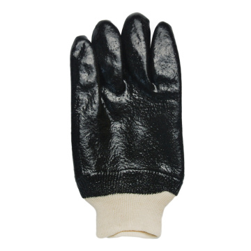 Black Single Dipped PVC Glove.Rough Finish.Knit Wrist