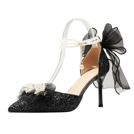 High Quality 2024 Summer Women's Sandals: Luxury Ankle Strap Heels with Black Diamond Pearls and Bow Detail
