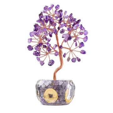 Raw Amethyst Raw Stone Copper Lucky & Life Of Tree Gold Coin Crytal Base Ornament for Home Decor
