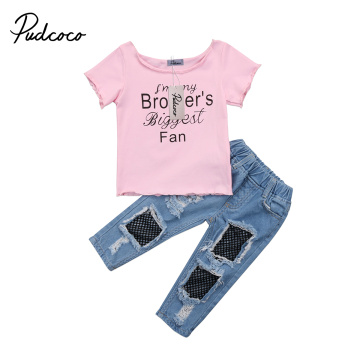 2018 Brand New Princess Toddler Infant Kids Baby Girl Print T shirt Tops Mesh Jeans Pants 2pcs Outfits Set Fashion Clothes 1-5T