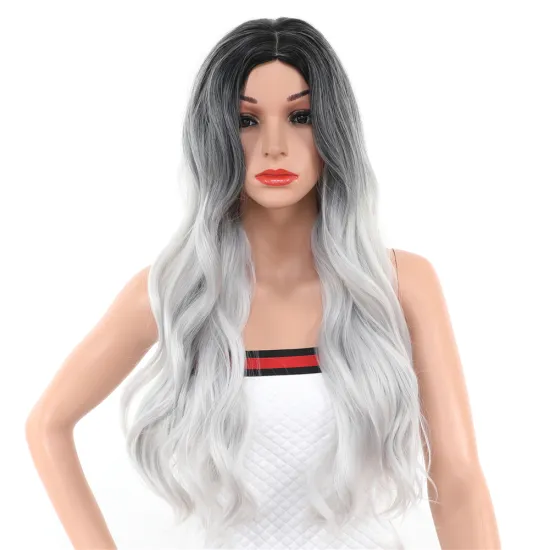 Long Body Wave Wigs Ombre Black Silver Synthetic Wig Cosplay Middle Part Natural Heat Resistant Wig for Women