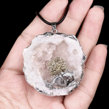 Pyrite Bud Silver Druzy Crystal Cave Pendant Necklace 45CM Black Cord