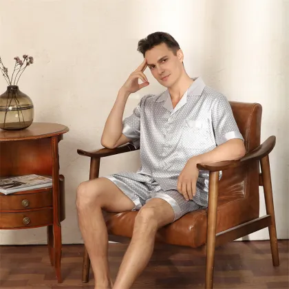 Men's Summer Printed Shorts & Ice Silk Pajama Set