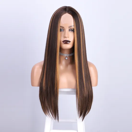 Vigorous High Quality Wig Synthetic Vendor Heat Resistant Full Fibe Wig Highlights brown Long Frontal Lace Straight hair