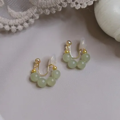 Wholesale Genuine Hetian Green Jade Hoop Earrings in Sterling Silver - Non-Pierced Jewelry for Women