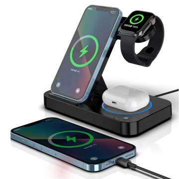 Portable Foldable Wireless Charger Desk with Magnet Phone Holder, 15W, 3-in-1 Electric Charging Station
