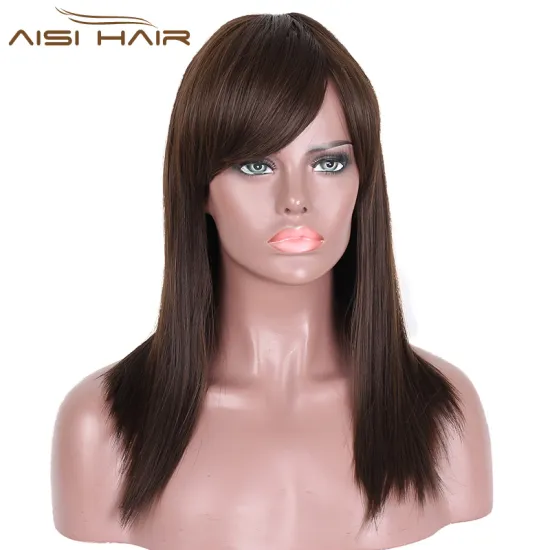Aisi Hair Long Silky Straight Wigs Synthetic Brown Hair Wigs With Bangs For African American Women Heat Resistant Fiber