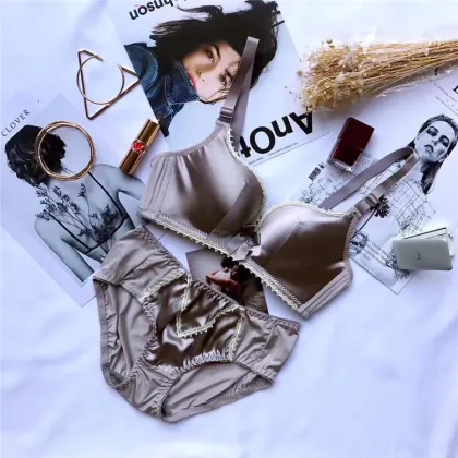 Women's Mixed Color Silk Bra and Brief Set with Bow Knot