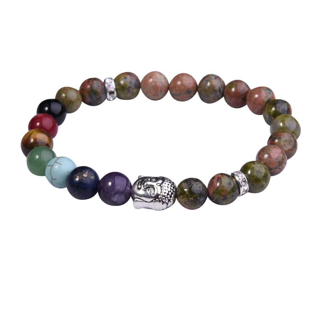 Pulsera de Unakite Buddha 7 Chakra Gemstone Alloy Beads Jewelry Bangle