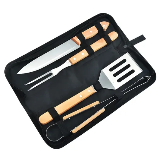 Outdoor Wooden Handle Barbecue Tool Set BBQ Kit Four-Piece Stainless Steel Grill Set