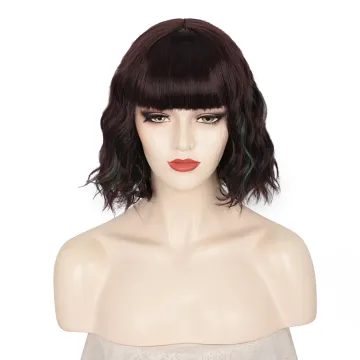 Highlight Color Bob Wavy Curly Wig Synthetic Short Wig with Bangs Natural Looking Heat Resistant Fiber Hair for Women