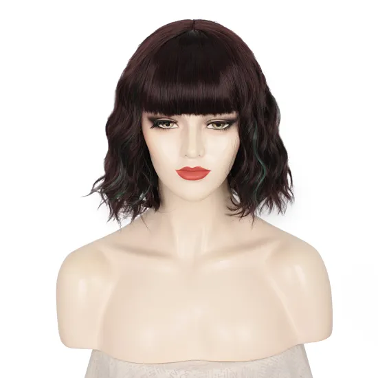 Highlight Color Bob Wavy Curly Wig Synthetic Short Wig with Bangs Natural Looking Heat Resistant Fiber Hair for Women