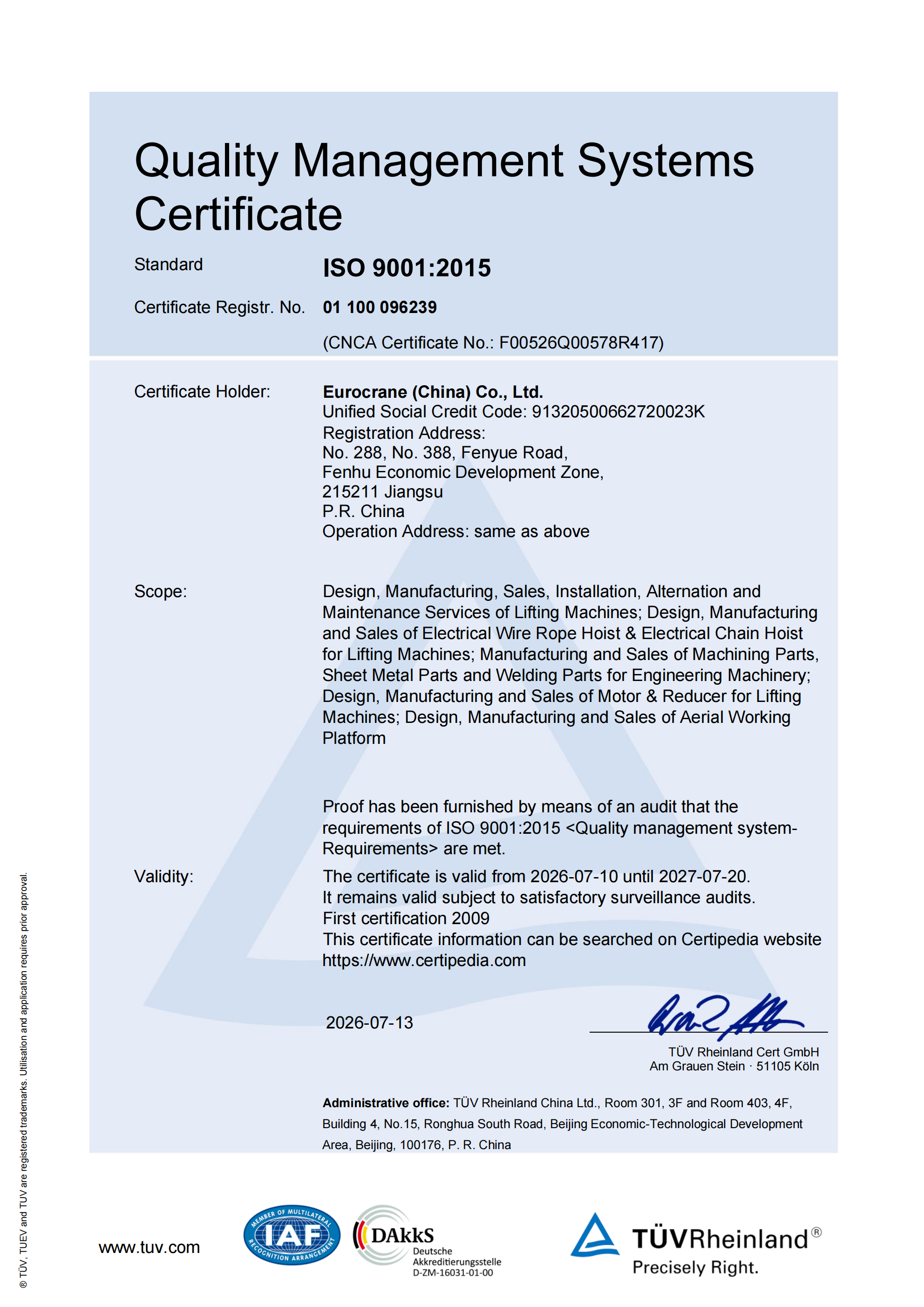 Eurocrane ISO 9001:2015 Quality Management Systems Certificate issued by TÜV Rheinland for design and manufacturing of overhead bridge cranes, hoists, and aerial working platforms