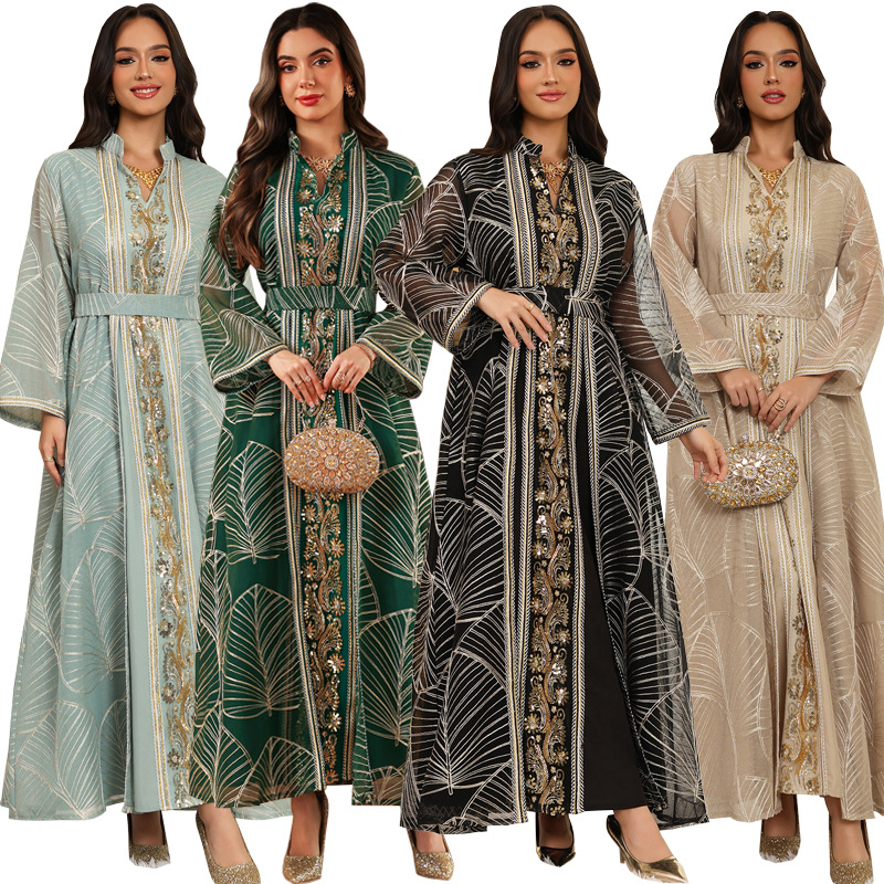 Beaded Abaya Dress with Belt and Mesh Applique Detail