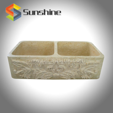 Beige Cream Marble Farm House Sink With Floral Design