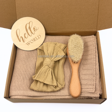 Newborn Baby Gift Set: 4-Pieces Accessories including Neutral Camel Knit Blanket, Ribbed Edge Headband, Wool Wooden Hair Brush & Hello World Infants' Items
