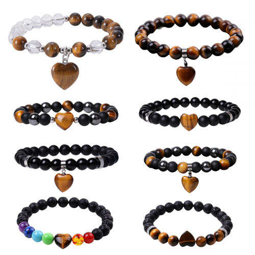 8Pc a Set Gemstone Round Beads With Charm Heart Bracelet 7 Charka Healing Crystal Beads Stretch Bracelet for Women Men