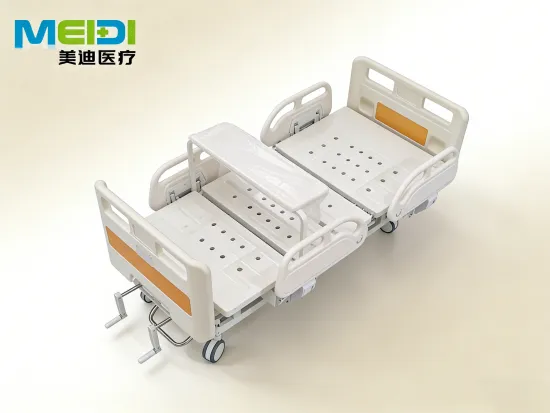 Punched Double Crank Hospital Bed with Four Small Side Rails & Flip-over Dining Table