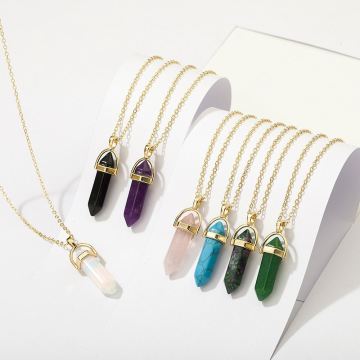 Healing Crystal Full Wire Wrap Gemstone Necklace for Women with Hexagonal Natural Quartz Stone Pendant
