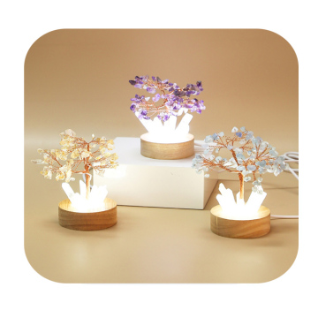 Natural Tree of Life Crystal Lamp with Clear Quartz and Wooden Base for Meditation