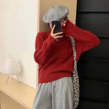 Women's Custom High Neck Fried Dough Twists Pullover Sweater: Thick, Soft, and Waxy Knit Woolen Fashion