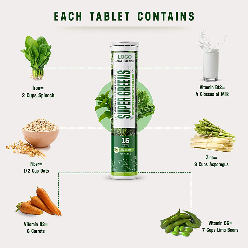 OEM/ODM Super Green Plant-based Low Calorie Dietary Supplement Effervescent Tablets for Immune Improve