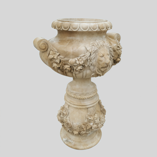 Elegant Marble Garden Planter with Ornate Lion Design