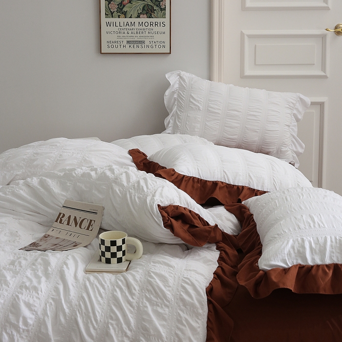 Conjunto de cama de bedding branco de algodão rosa seersucker