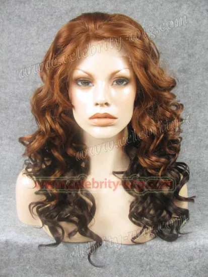 Medium Length Curly Blonde top Brown Synthetic Lace Front Wig