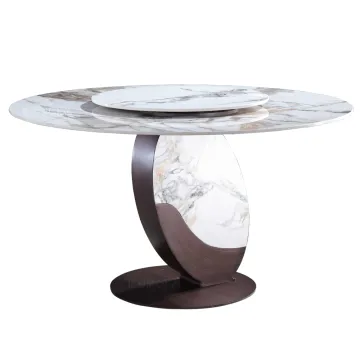 Round Top Hairline Bronze Metal Base Sintered Slab Table Marble Dining Room Dinner Table Set