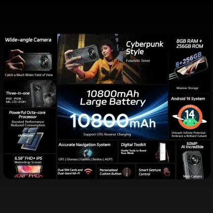 DOOGEE S Cyber: 6.58" 90Hz IPS Rugged Phone with 10800mAh Battery & 50MP Camera