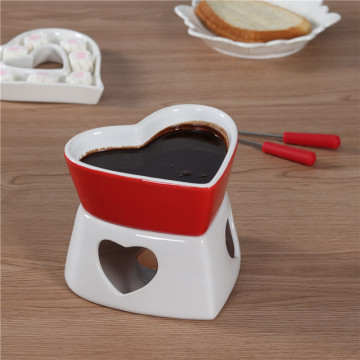 Red Heart shape fine porcelain chocolate fondue set, red romantic cheese melting fondue