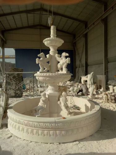 Large Size White Marble Cherb and Horse Water Fountain