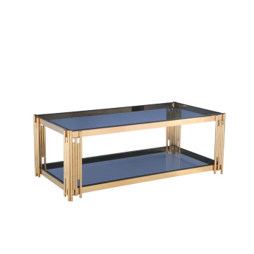 Mesa de centro de dos niveles con marco dorado y vidrio