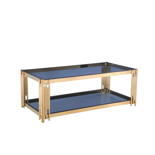Mesa de centro de dos niveles con marco dorado y vidrio