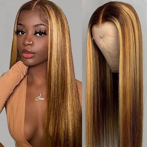 Highlight Brown Straight Lace Front Wig Human Hair Wigs For Women Lace Closure Wig Pre Plucked Honey Blonde Colored Cheap Wigs