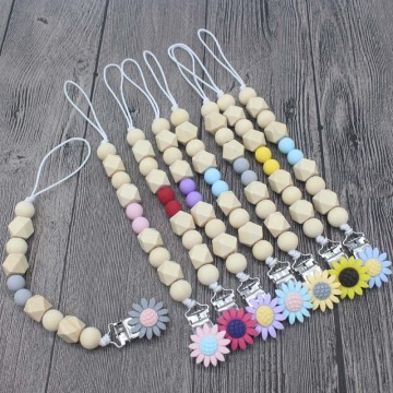 New Style Kids Gift Teething Baby Crochet Colored Beads Wooden Pacifier Clip Chain for baby