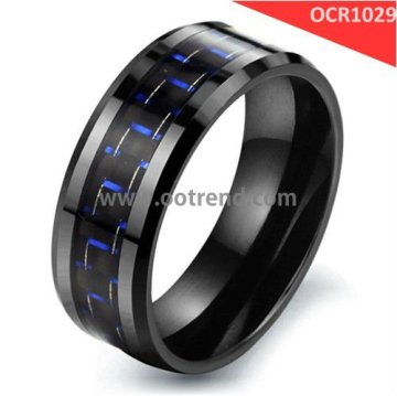 Men Black Zirconium Oxide Ceramic Rings inlay blue color carbon fiber